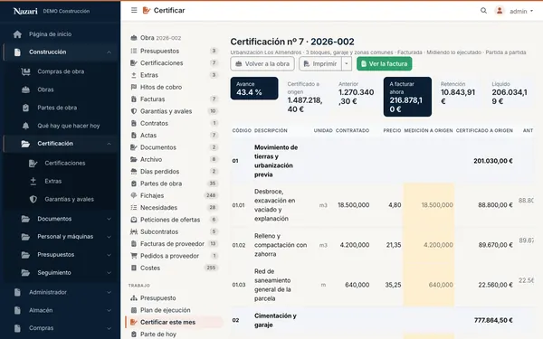 La pantalla de certificar, con la certificación nº 7 de la urbanización