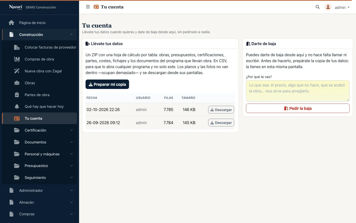 La pantalla Tu cuenta: el botón que prepara el ZIP con todos los datos, las copias ya hechas y el de darse de baja