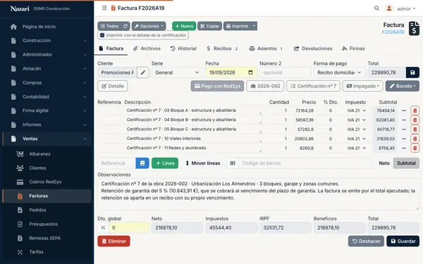 La factura F2026A19 de la certificación nº 7
