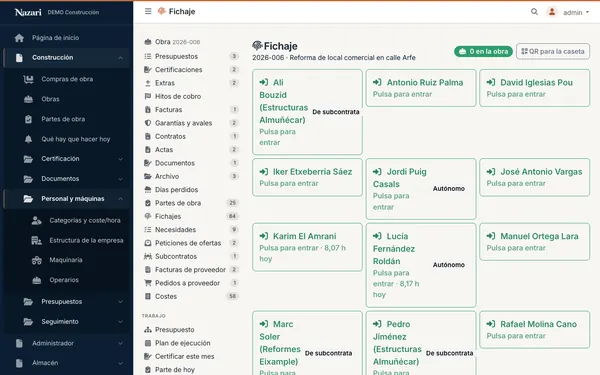 La pantalla de fichaje de la obra
