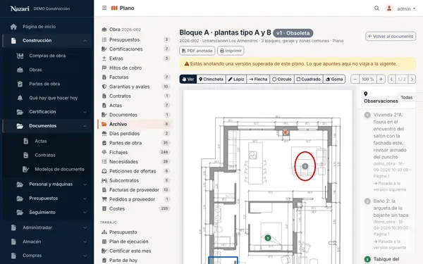 El plano del bloque, página 1 de 2, con sus observaciones