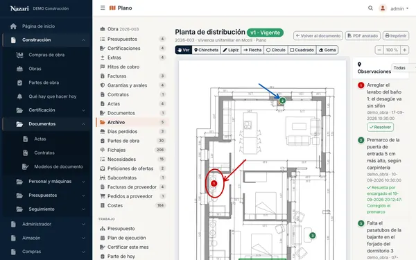 El plano de la vivienda con tres observaciones marcadas